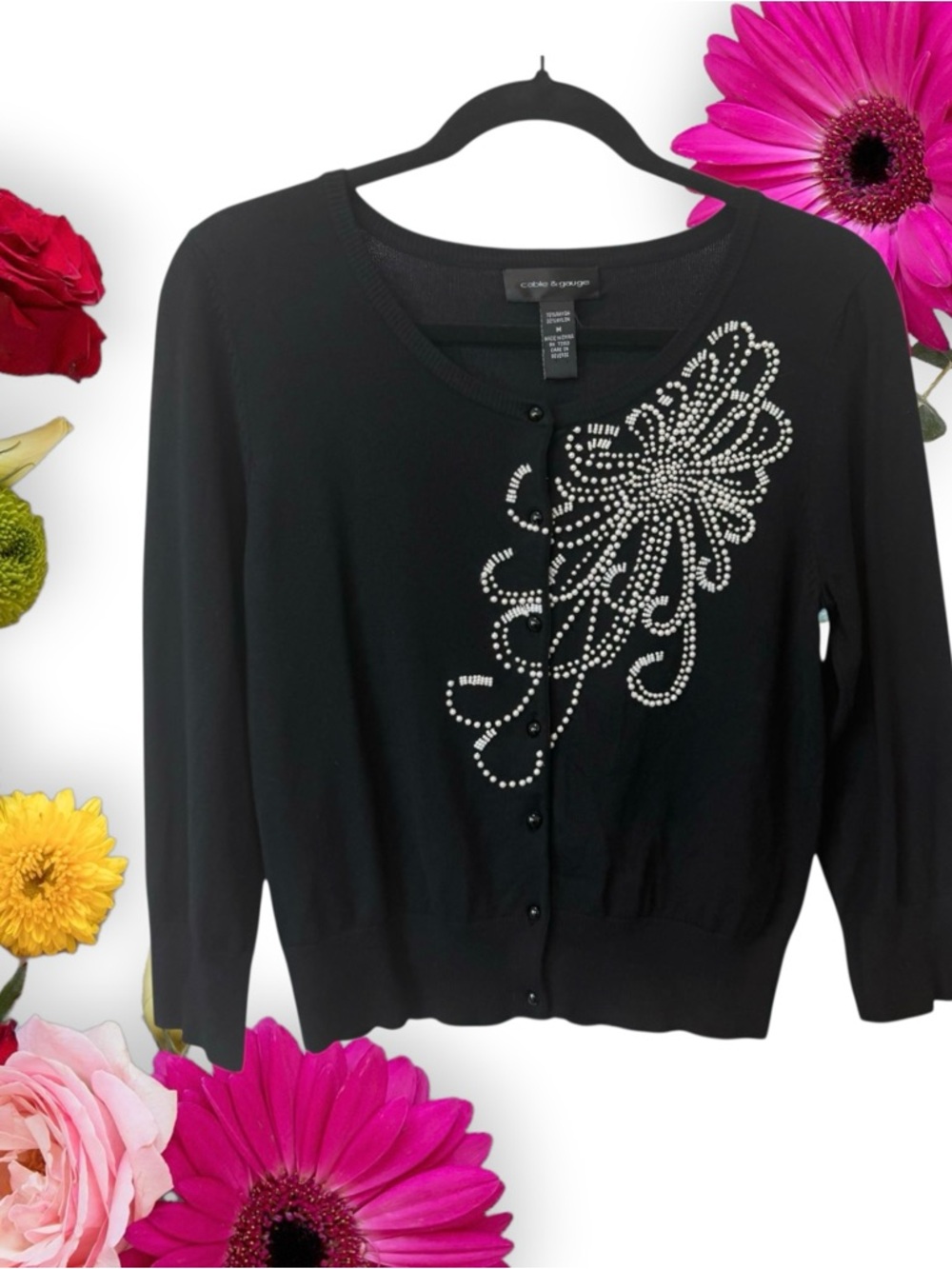 Cable & Gauge Black Button-Up Pearls Embellished Cardigan Sweater